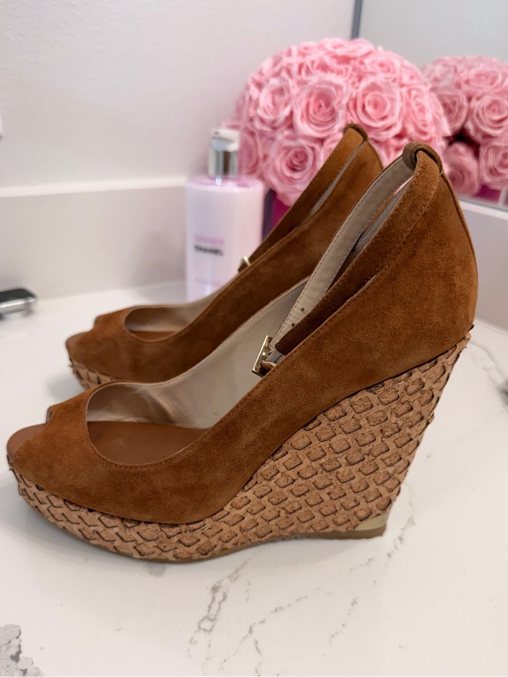 Jimmy Choo Tan Suede Wedge Sandals with Cork Platform - Picture 5 of 7